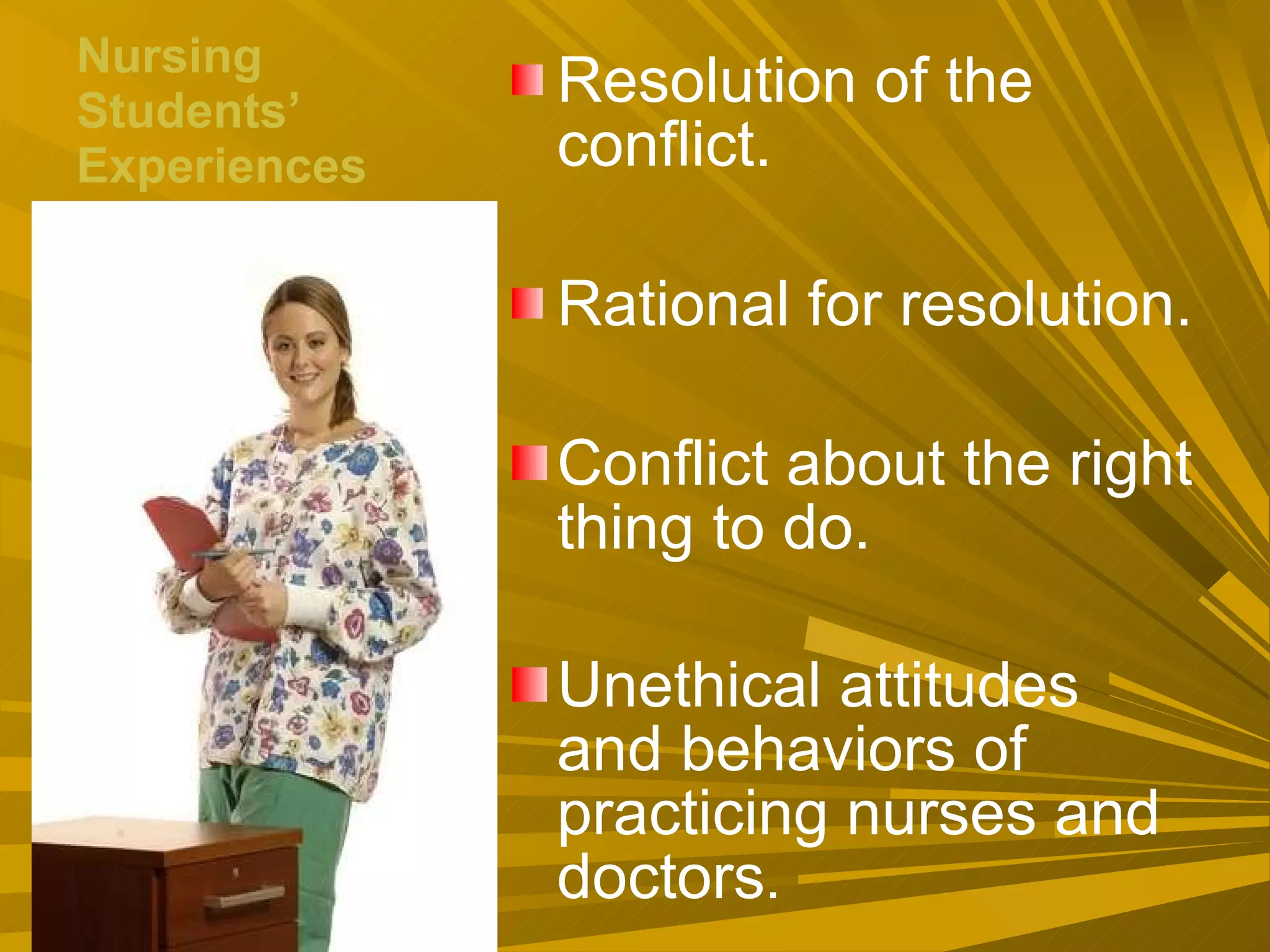 Nursing Students’ Experiences Resolution of the conflict.   Rational for resolution. Conflict about the right thing to do. Unethical attitudes and behaviors of practicing nurses and doctors . 