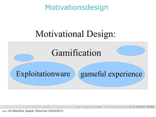 Motivationsdesign


                          Motivational Design:

                                       Gamification

           Exploitationware                         gameful experience



u.a. mit Deterding, Bogost, McGonical (2010/2011)
 