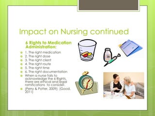 Impact on Nursing continued6 Rights to Medication Administration:1. The right medication2. The right dose3. The right client4. The right route5. The right time6. The right documentationWhen a nurse fails to acknowledge the 6 Rights, there are ethical and legal ramifications  to consider.(Perry & Potter, 2009); (Good, 2011)