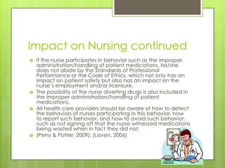 Impact on Nursing continuedIf the nurse participates in behavior such as the improper administration/handling of patient medications, he/she does not abide by the Standards of Professional Performance or the Code of Ethics, which not only has an impact on patient safety but also has an impact on the nurse’s employment and/or licensure.  The possibility of the nurse diverting drugs is also included in the improper administration/handling of patient medications. All health care providers should be aware of how to detect the behaviors of nurses participating in this behavior, how to report such behavior, and how to avoid such behavior, such as not signing off that the nurse witnessed medications being wasted when in fact they did not.(Perry & Potter, 2009); (Laven, 2006)