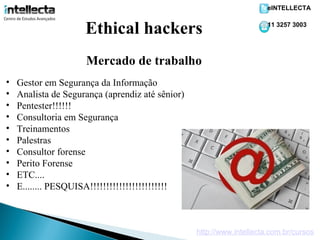 eINTELLECTA


                     Ethical hackers                                   11 3257 3003




                     Mercado de trabalho
•   Gestor em Segurança da Informação
•   Analista de Segurança (aprendiz até sênior)
•   Pentester!!!!!!
•   Consultoria em Segurança
•   Treinamentos
•   Palestras
•   Consultor forense
•   Perito Forense
•   ETC....
•   E........ PESQUISA!!!!!!!!!!!!!!!!!!!!!!!!



                                                  http://www.intellecta.com.br/cursos
 