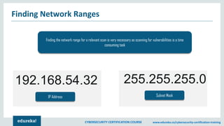 CYBERSECURITY CERTIFICATION COURSE www.edureka.co/cybersecurity-certification-training
Finding Network Ranges
192.168.54.32
IP Address
255.255.255.0
Subnet Mask
Finding the network range for a relevant scan is very necessary as scanning for vulnerabilities is a time
consuming task
 