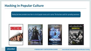 CYBERSECURITY CERTIFICATION COURSE www.edureka.co/cybersecurity-certification-training
Hacking in Popular Culture
Hacking has been prevalent since then in a lot of popular movies and tv series. This has been useful for spreading awareness.
 