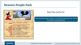 CYBERSECURITY CERTIFICATION COURSE www.edureka.co/cybersecurity-certification-training
Reasons People Hack
Hacking has been prevalent since then in a lot of popular movies and tv series. This has
been useful for spreading awareness.
Some Times Just for Fun
 