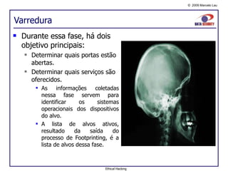 Varredura Durante essa fase, há dois objetivo principais: Determinar quais portas estão abertas. Determinar quais serviços são oferecidos. As informações coletadas nessa fase servem para identificar os sistemas operacionais dos dispositivos do alvo. A lista de alvos ativos, resultado da saída do processo de Footprinting, é a lista de alvos dessa fase. Ethical Hacking 
