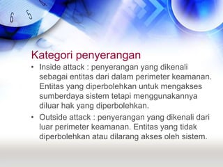 Kategori penyeranganInside attack : penyerangan yang dikenali sebagai entitas dari dalam perimeter keamanan. Entitas yang diperbolehkan untuk mengakses sumberdaya sistem tetapi menggunakannya diluar hak yang diperbolehkan.Outside attack : penyerangan yang dikenali dari luar perimeter keamanan. Entitas yang tidak diperbolehkan atau dilarang akses oleh sistem.