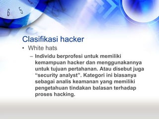 Clasifikasi hackerWhite hatsIndividu berprofesi untuk memiliki kemampuan hacker dan menggunakannya untuk tujuan pertahanan. Atau disebut juga “security analyst”. Kategori ini biasanya sebagai analis keamanan yang memiliki pengetahuan tindakan balasan terhadap proses hacking.