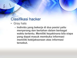 Clasifikasi hackerGray hatsIndividu yang bekerja di dua posisi yaitu menyerang dan bertahan dalam berbagai waktu tertentu. Memiliki keyakinana bila siapa yang dapat masuk membuka informasi memiliki kebijaksanaan atas informasi tersebut.