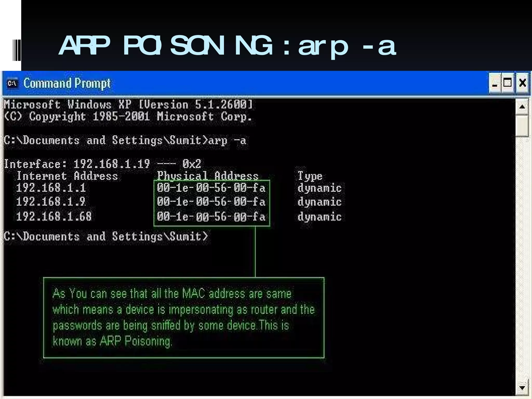 ARP POISONING :arp -a 15-441 Networks Fall 2002 