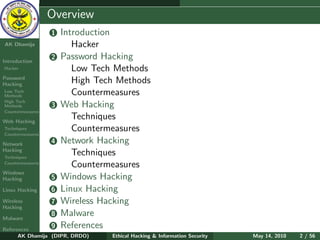 Ethical
  Hacking &
                  Overview
 Information
   Security       1   Introduction
AK Dhamija               Hacker
Introduction
                  2   Password Hacking
Hacker                   Low Tech Methods
Password
Hacking
                         High Tech Methods
Low Tech
Methods                  Countermeasures
High Tech
Methods           3   Web Hacking
Countermeasures

Web Hacking
                         Techniques
Techniques
Countermeasures
                         Countermeasures
Network           4   Network Hacking
Hacking
Techniques
                         Techniques
Countermeasures
                         Countermeasures
Windows
Hacking           5   Windows Hacking
Linux Hacking     6   Linux Hacking
Wireless          7   Wireless Hacking
Hacking

Malware
                  8   Malware
References
                  9   References
      AK Dhamija (DIPR, DRDO)    Ethical Hacking & Information Security   May 14, 2010   2 / 56
 