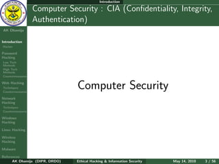 Introduction

    Ethical
  Hacking &
                  Computer Security : CIA (Conﬁdentiality, Integrity,
 Information
   Security       Authentication)
AK Dhamija


Introduction
Hacker

Password
Hacking
Low Tech
Methods
High Tech
Methods
Countermeasures

Web Hacking
Techniques
Countermeasures
                                Computer Security
Network
Hacking
Techniques
Countermeasures

Windows
Hacking

Linux Hacking

Wireless
Hacking

Malware

References
      AK Dhamija (DIPR, DRDO)   Ethical Hacking & Information Security   May 14, 2010   3 / 56
 