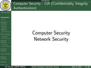 Introduction

    Ethical
  Hacking &
                  Computer Security : CIA (Conﬁdentiality, Integrity,
 Information
   Security       Authentication)
AK Dhamija


Introduction
Hacker

Password
Hacking
Low Tech
Methods
High Tech
Methods
Countermeasures

Web Hacking
Techniques
                                Computer Security
Countermeasures

Network
Hacking
                                 Network Security
Techniques
Countermeasures

Windows
Hacking

Linux Hacking

Wireless
Hacking

Malware

References
      AK Dhamija (DIPR, DRDO)   Ethical Hacking & Information Security   May 14, 2010   4 / 56
 