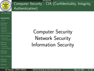 Introduction

    Ethical
  Hacking &
                  Computer Security : CIA (Conﬁdentiality, Integrity,
 Information
   Security       Authentication)
AK Dhamija


Introduction
Hacker

Password
Hacking
Low Tech
Methods
High Tech
Methods
Countermeasures                  Computer Security
Web Hacking
Techniques
Countermeasures                   Network Security
Network
Hacking
Techniques
Countermeasures
                                Information Security
Windows
Hacking

Linux Hacking

Wireless
Hacking

Malware

References
      AK Dhamija (DIPR, DRDO)   Ethical Hacking & Information Security   May 14, 2010   5 / 56
 