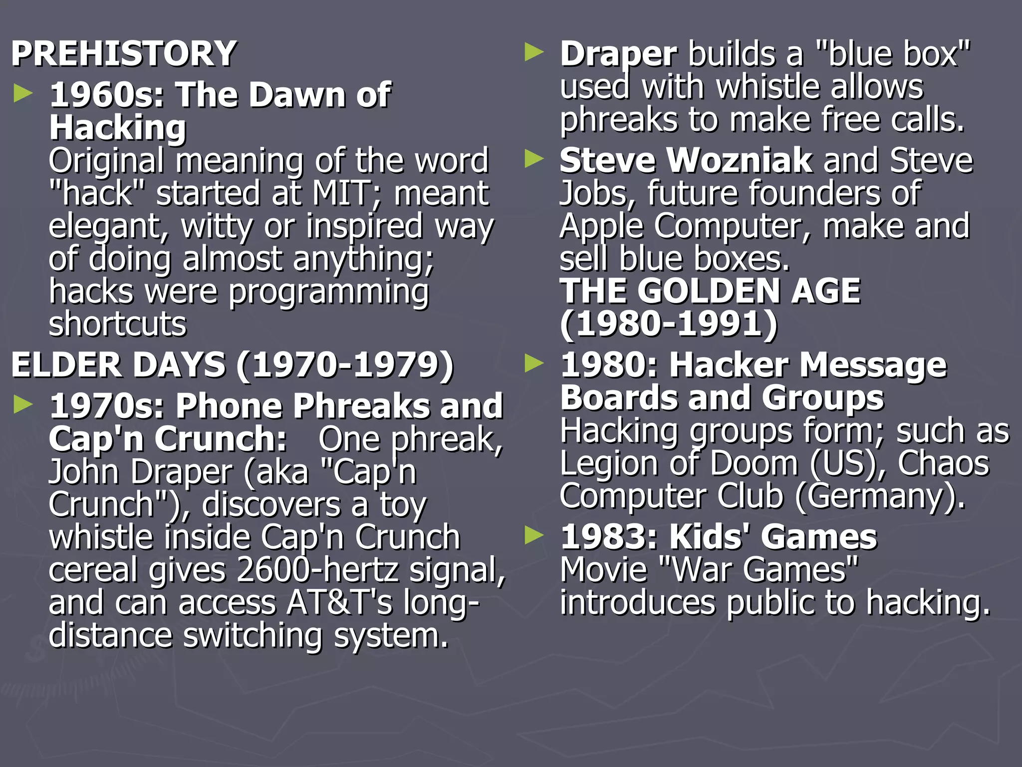 PREHISTORY                          ►   Draper builds a "blue box"
► 1960s: The Dawn of                    used with whistle allows
  Hacking                               phreaks to make free calls.
  Original meaning of the word      ►   Steve Wozniak and Steve
  "hack" started at MIT; meant          Jobs, future founders of
  elegant, witty or inspired way        Apple Computer, make and
  of doing almost anything;             sell blue boxes.
  hacks were programming                THE GOLDEN AGE
  shortcuts                             (1980-1991)
ELDER DAYS (1970-1979)              ►   1980: Hacker Message
► 1970s: Phone Phreaks and              Boards and Groups
  Cap'n Crunch: One phreak,             Hacking groups form; such as
  John Draper (aka "Cap'n               Legion of Doom (US), Chaos
  Crunch"), discovers a toy             Computer Club (Germany).
  whistle inside Cap'n Crunch       ►   1983: Kids' Games
  cereal gives 2600-hertz signal,       Movie "War Games"
  and can access AT&T's long-           introduces public to hacking.
  distance switching system.
 
