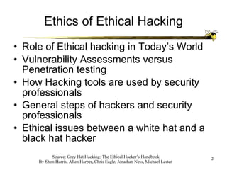 Ethics of Ethical Hacking Role of Ethical hacking in Today’s World Vulnerability Assessments versus Penetration testing How Hacking tools are used by security professionals General steps of hackers and security professionals Ethical issues between a white hat and a black hat hacker 