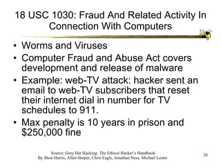 18 USC 1030: Fraud And Related Activity In Connection With Computers Worms and Viruses Computer Fraud and Abuse Act covers development and release of malware Example: web-TV attack: hacker sent an email to web-TV subscribers that reset their internet dial in number for TV schedules to 911.  Max penalty is 10 years in prison and $250,000 fine 