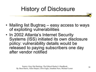 History of Disclosure Mailing list Bugtraq – easy access to ways of exploiting vulnerabilities In 2002 Atlanta’s Internet Security Systems (ISS) initiated its own disclosure policy: vulnerability details would be released to paying subscribers one day after vendor notified 