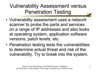 Vulnerability Assessment versus Penetration Testing Vulnerability assessment uses a network scanner to probe the parts and services on a range of IP addresses and also looks at operating system, application software versions, patch levels, etc. Penetration testing tests the vulnerabilities to determine actual threat and risk of the vulnerability. Try to break into the system. 