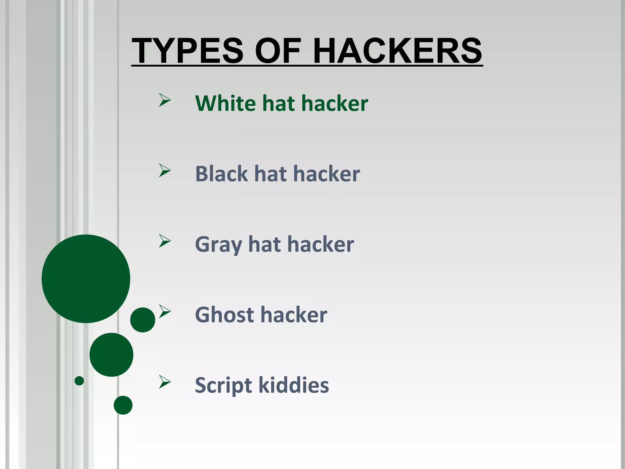 TYPES OF HACKERS
    White hat hacker

    Black hat hacker

    Gray hat hacker

    Ghost hacker

    Script kiddies
 