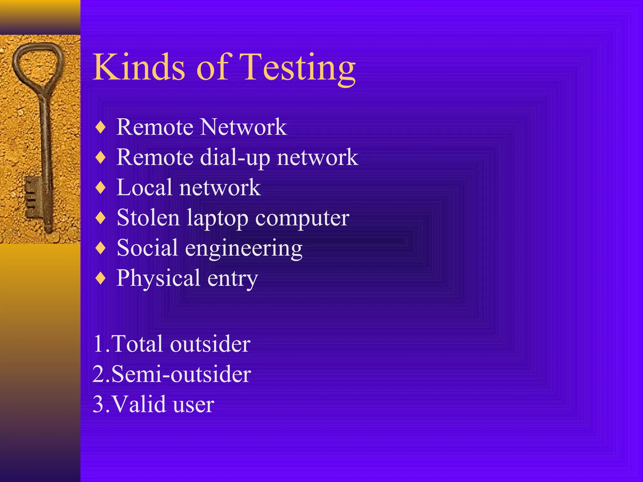 Kinds of Testing
♦ Remote Network
♦ Remote dial-up network
♦ Local network
♦ Stolen laptop computer
♦ Social engineering
♦ Physical entry
1.Total outsider
2.Semi-outsider
3.Valid user
 