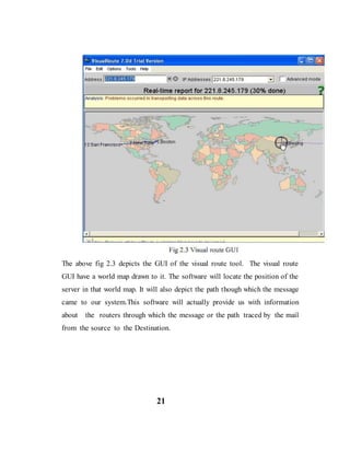The above fig 2.3 depicts the GUI of the visual route tool. The visual route
GUI have a world map drawn to it. The software will locate the position of the
server in that world map. It will also depict the path though which the message
came to our system.This software will actually provide us with information
about the routers through which the message or the path traced by the mail
from the source to the Destination.
21
 