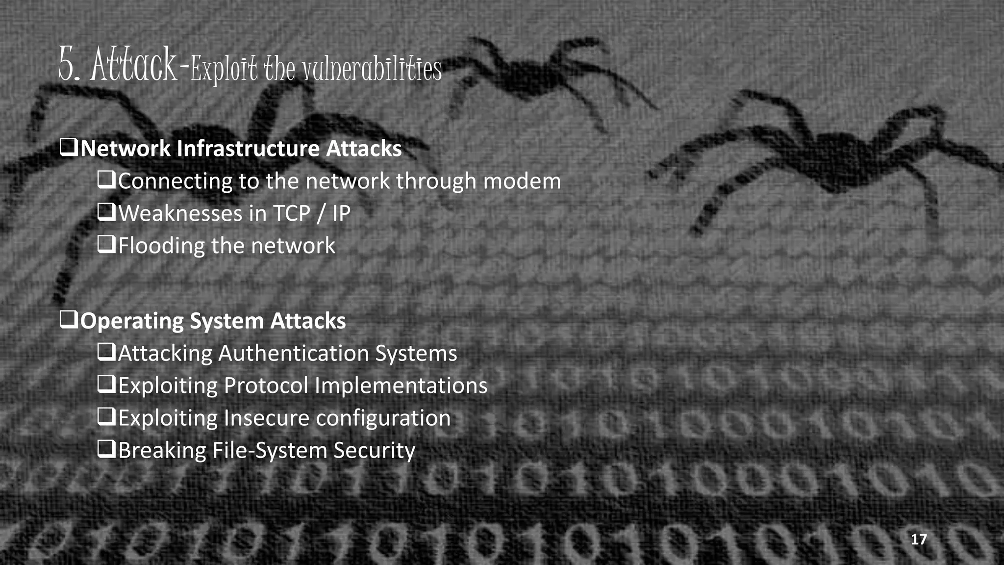 5. Attack–Exploit the vulnerabilities
Network Infrastructure Attacks
Connecting to the network through modem
Weaknesses in TCP / IP
Flooding the network
Operating System Attacks
Attacking Authentication Systems
Exploiting Protocol Implementations
Exploiting Insecure configuration
Breaking File-System Security
17
 