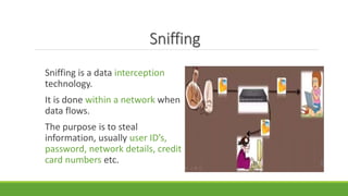 Sniffing
Sniffing is a data interception
technology.
It is done within a network when
data flows.
The purpose is to steal
information, usually user ID’s,
password, network details, credit
card numbers etc.
 