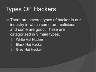 Types OF Hackers
 There are several types of hacker in our
industry in which some are malicious
and some are good. These are
categorized in 3 main types.
1. White Hat Hacker
2. Black Hat Hacker
3. Grey Hat Hacker
 