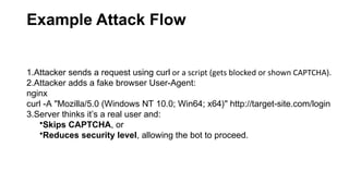 Example Attack Flow
1.Attacker sends a request using curl or a script (gets blocked or shown CAPTCHA).
2.Attacker adds a fake browser User-Agent:
nginx
curl -A "Mozilla/5.0 (Windows NT 10.0; Win64; x64)" http://target-site.com/login
3.Server thinks it’s a real user and:
•Skips CAPTCHA, or
•Reduces security level, allowing the bot to proceed.
 