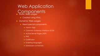 Web Application 
Components 
 Static Web pages 
 Created using HTML 
 Dynamic Web pages 
 Need special components 
 <form> tags 
 Common Gateway Interface (CGI) 
 Active Server Pages (ASP) 
 PHP 
 ColdFusion 
 Scripting languages 
 Database connectors 
 