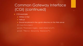 Common Gateway Interface 
(CGI) (continued) 
 CGI example 
 Written in Perl 
 Hello.pl 
 Should be placed in the cgi-bin directory on the Web server 
#!/usr/bin/perl 
print "Content-type: text/htmlnn"; 
print "Hello Security Testers!"; 
 
