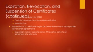 Expiration, Revocation, and 
Suspension of Certificates 
(continued)  Certificate Revocation List (CRL) 
 Contains all revoked and suspended certificates 
 Issued by CAs 
 Suspension of a certificate might be done when one or more parties 
fail to honor agreements 
 Suspension makes it easier to restore if the parties come to an 
agreement at a later date 
 