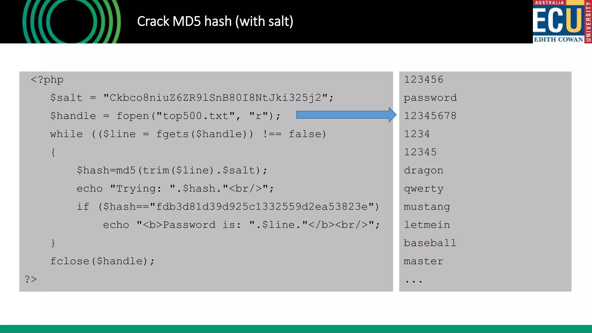 Crack MD5 hash (with salt)
<?php
$salt = "Ckbco8niuZ6ZR9lSnB80I8NtJki325j2";
$handle = fopen("top500.txt", "r");
while (($line = fgets($handle)) !== false)
{
$hash=md5(trim($line).$salt);
echo "Trying: ".$hash."<br/>";
if ($hash=="fdb3d81d39d925c1332559d2ea53823e")
echo "<b>Password is: ".$line."</b><br/>";
}
fclose($handle);
?>
123456
password
12345678
1234
12345
dragon
qwerty
mustang
letmein
baseball
master
...
 