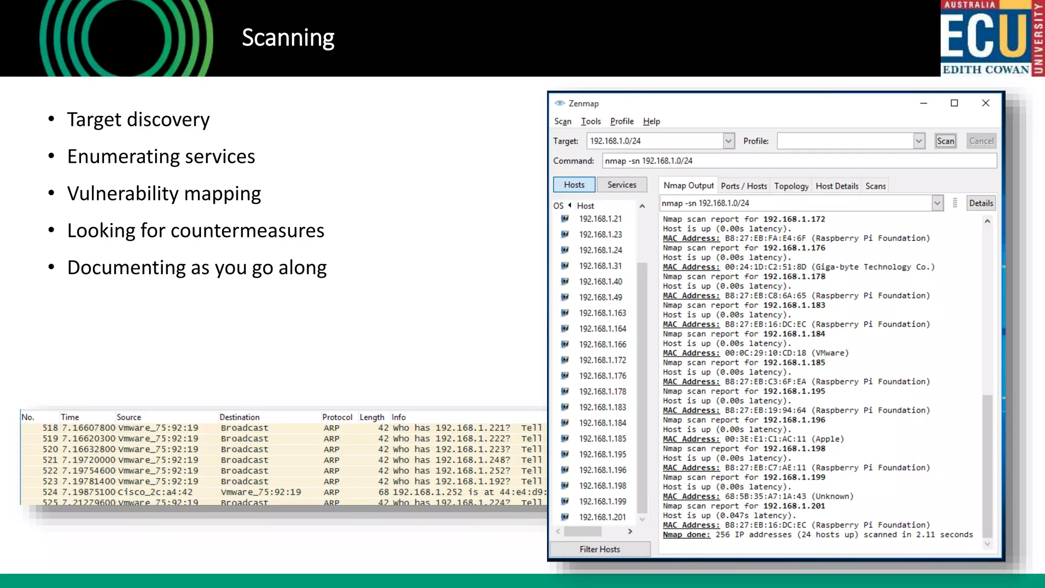 Scanning
• Target discovery
• Enumerating services
• Vulnerability mapping
• Looking for countermeasures
• Documenting as you go along
 