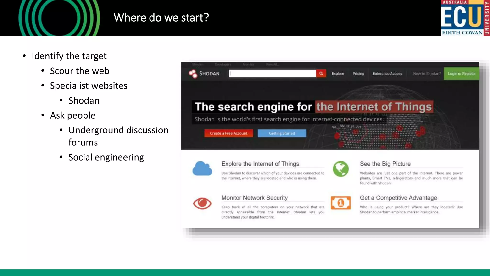 • Identify the target
• Scour the web
• Specialist websites
• Shodan
• Ask people
• Underground discussion
forums
• Social engineering
Where do we start?
 