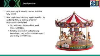 • All computing & security courses available
fully online
• New block-based delivery model is perfect for
updating skills, re-training or career
development (M.Cyber)
• 20 credit units delivered in 6 week
intensive blocks
• Rotating carousel of units allowing
flexibility to step on/off in line with work
and family commitments
Study online
 