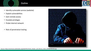 • Identify vulnerable service (website)
• Exploit vulnerabilities
• Gain remote access
• Escalate privileges
• Probe internal network
• Role of penetration testing
Outline
Source: https://commons.wikimedia.org/wiki/File:Cliche_Hacker_and_Binary_Code_(26946304530).jpg
 
