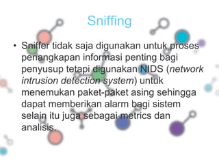 SniffingSniffer tidak saja digunakan untuk proses penangkapan informasi penting bagi penyusup tetapi digunakan NIDS (network intrusion detection system) untuk menemukan paket-paket asing sehingga dapat memberikan alarm bagi sistem selain itu juga sebagai metrics dan analisis.