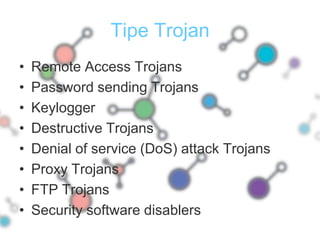 Tipe TrojanRemote Access TrojansPassword sending TrojansKeyloggerDestructive TrojansDenial of service (DoS) attack TrojansProxy TrojansFTP TrojansSecurity software disablers