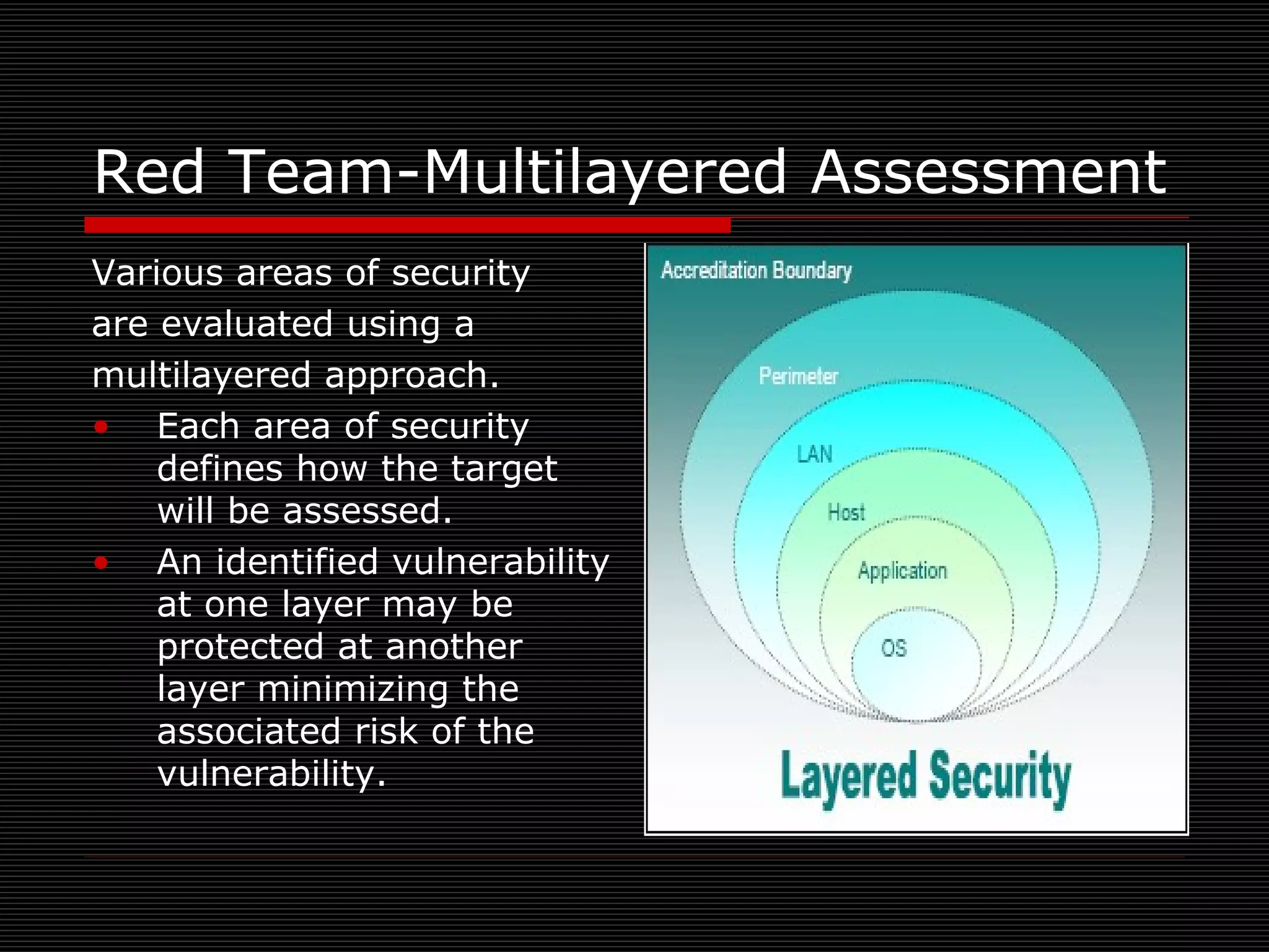 Red Team-Multilayered Assessment Various areas of security are evaluated using a multilayered approach. Each area of security defines how the target will be assessed. An identified vulnerability at one layer may be protected at another layer minimizing the associated risk of the vulnerability. 