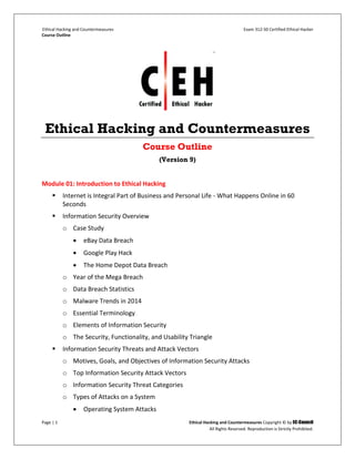 Ethical Hacking and Countermeasures Exam 312-50 Certified Ethical Hacker
Course Outline
Page | 1 Ethical Hacking and Countermeasures Copyright © by EC-Council
All Rights Reserved. Reproduction is Strictly Prohibited.
Ethical Hacking and Countermeasures
Course Outline
(Version 9)
Module 01: Introduction to Ethical Hacking
 Internet is Integral Part of Business and Personal Life - What Happens Online in 60
Seconds
 Information Security Overview
o Case Study
 eBay Data Breach
 Google Play Hack
 The Home Depot Data Breach
o Year of the Mega Breach
o Data Breach Statistics
o Malware Trends in 2014
o Essential Terminology
o Elements of Information Security
o The Security, Functionality, and Usability Triangle
 Information Security Threats and Attack Vectors
o Motives, Goals, and Objectives of Information Security Attacks
o Top Information Security Attack Vectors
o Information Security Threat Categories
o Types of Attacks on a System
 Operating System Attacks
 