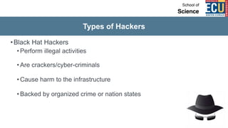 Types of Hackers
•Black Hat Hackers
• Perform illegal activities
• Are crackers/cyber-criminals
• Cause harm to the infrastructure
• Backed by organized crime or nation states
 