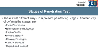 Stages of Penetration Test
•There exist different ways to represent pen-testing stages. Another way
of defining the stages are:
• Gain Permission
• Enumerate and Discover
• Gain Access
• Move Laterally
• Elevate Privileges
• Control Network
• Report and Debrief
 
