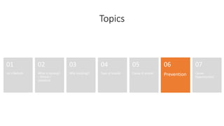 Topics
Let’s Refresh
01
What is hacking?
– Ethical /
Unethical
02
Why hack(ing)?
03
Type of attacks
04
Cause of attacks
05
Prevention
06
Career
Opportunities
07
 
