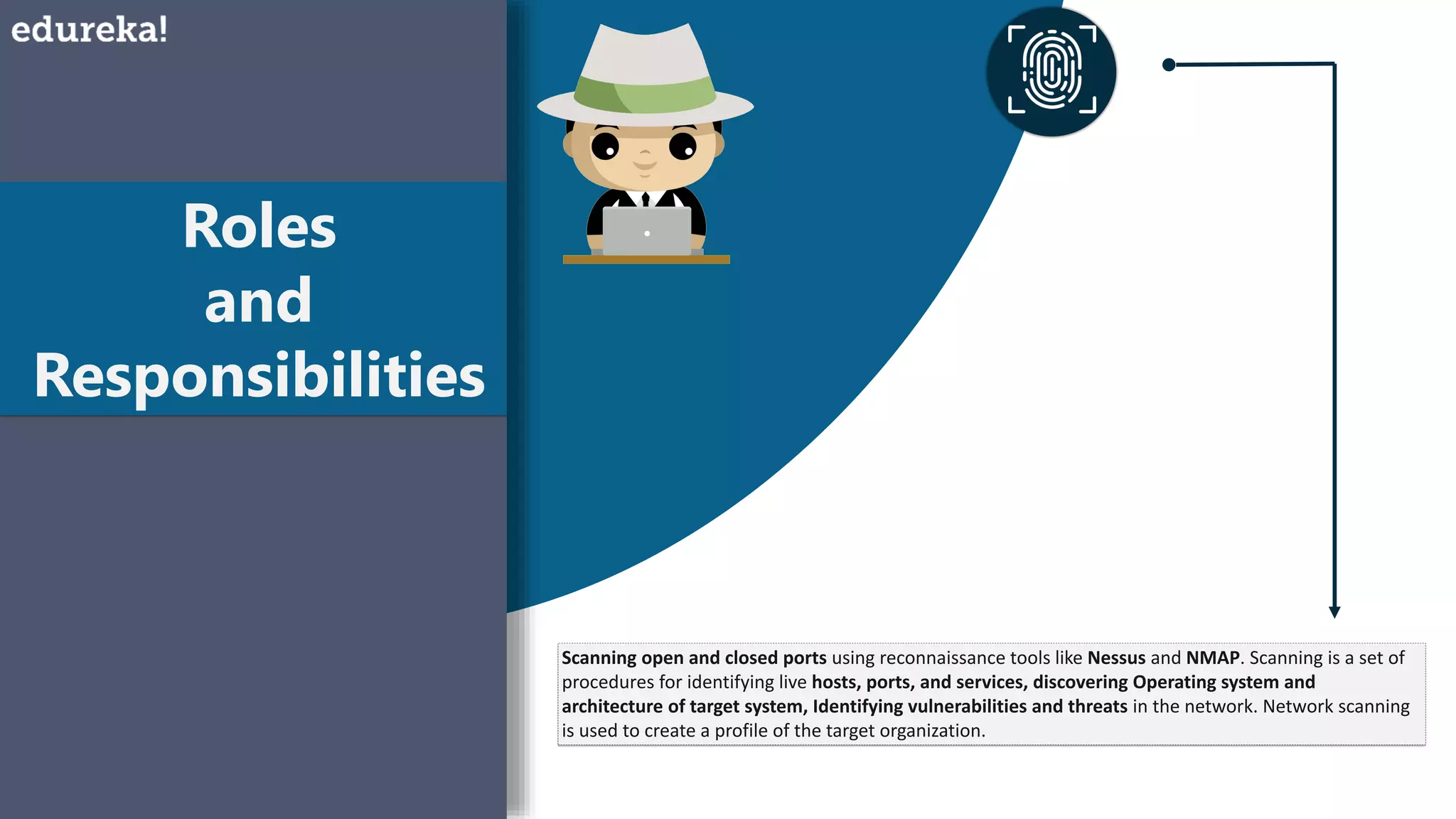 Roles
and
Responsibilities
Scanning open and closed ports using reconnaissance tools like Nessus and NMAP. Scanning is a set of
procedures for identifying live hosts, ports, and services, discovering Operating system and
architecture of target system, Identifying vulnerabilities and threats in the network. Network scanning
is used to create a profile of the target organization.
 