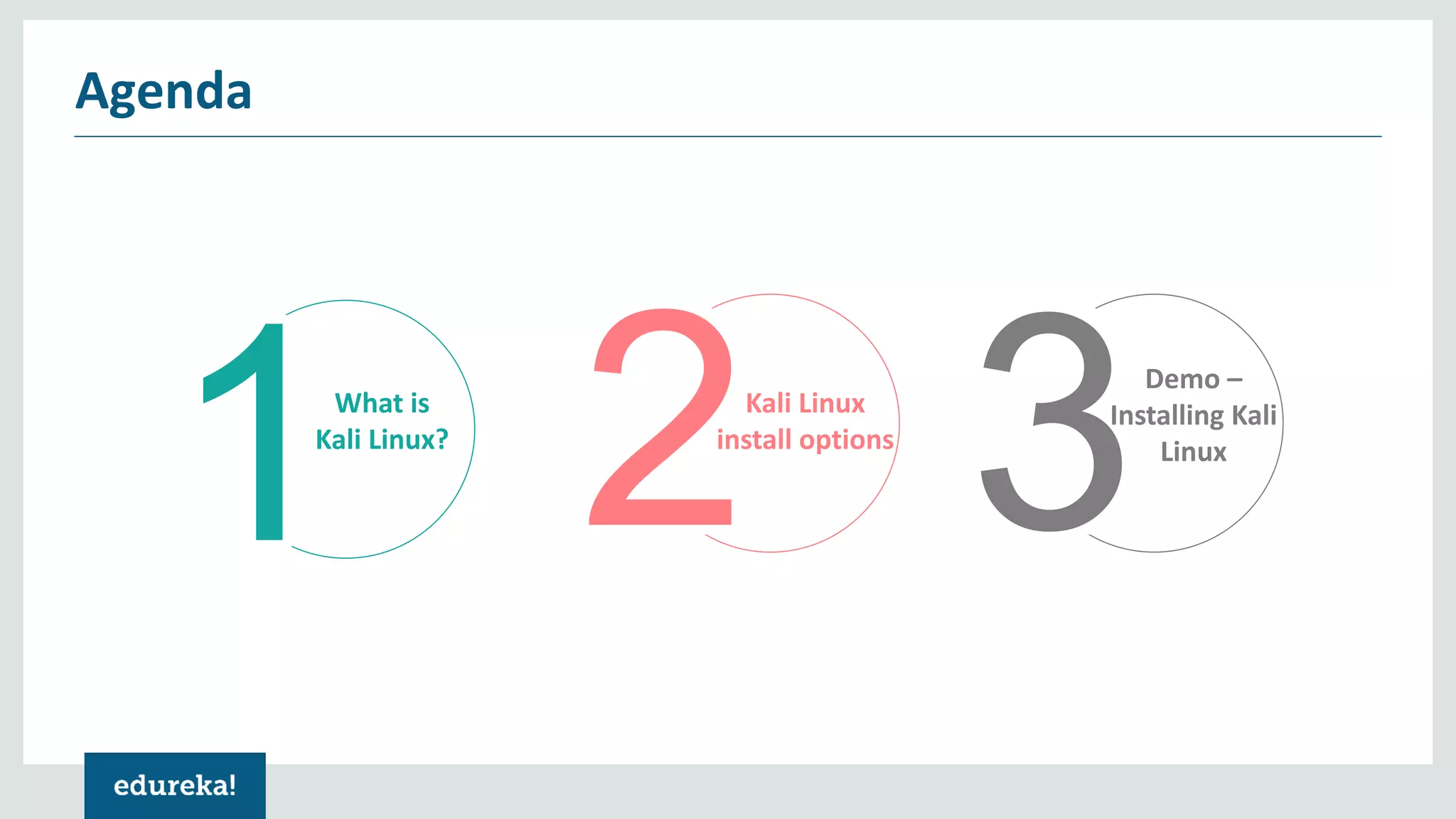 Agenda
What is
Kali Linux?
Kali Linux
install options
Demo –
Installing Kali
Linux
 