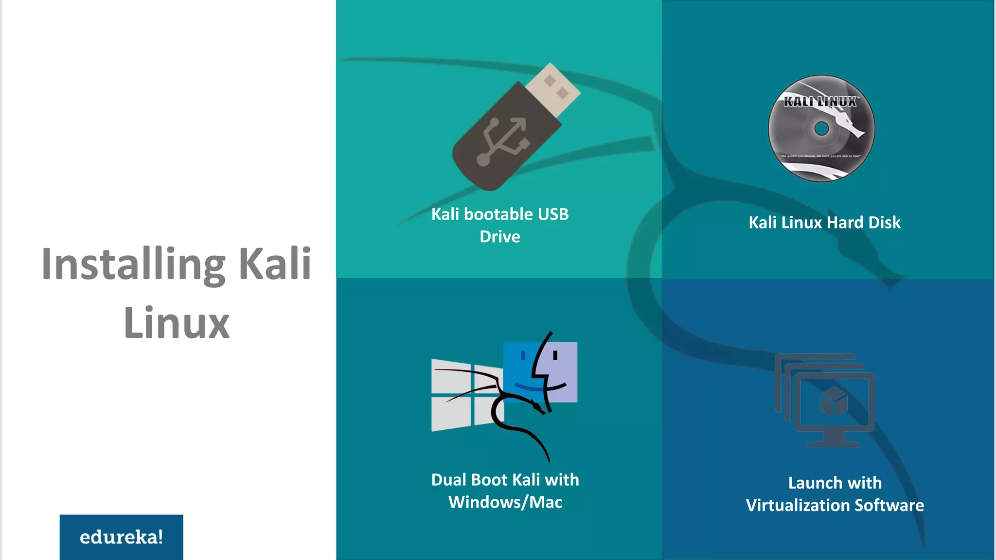 Installing Kali
Linux
Kali bootable USB
Drive
Kali Linux Hard Disk
Dual Boot Kali with
Windows/Mac
Launch with
Virtualization Software
 