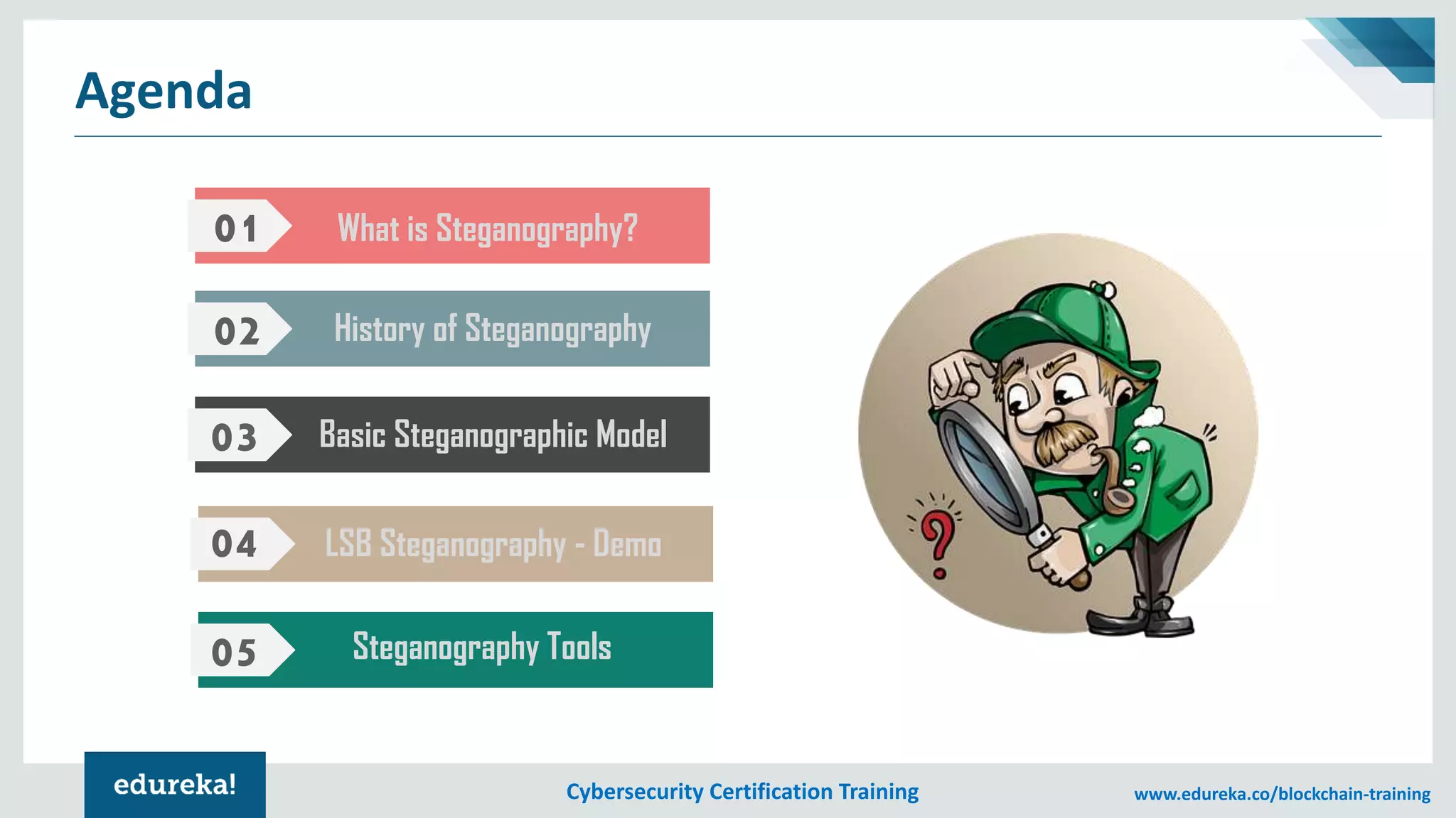 Cybersecurity Certification Training www.edureka.co/blockchain-training
Agenda
01 What is Steganography?
02 History of Steganography
03 Basic Steganographic Model
04 LSB Steganography - Demo
05 Steganography Tools
 