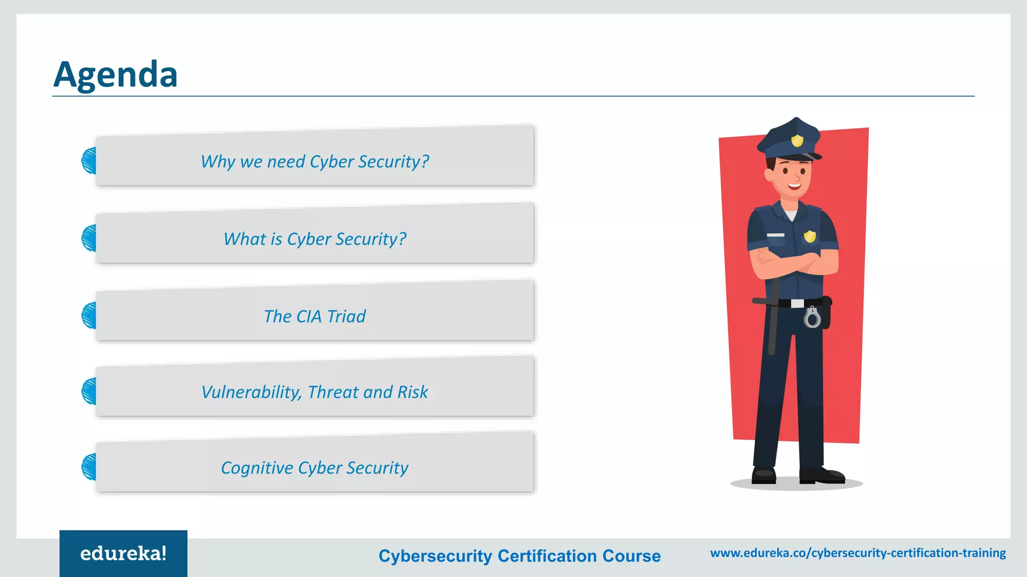 Cybersecurity Certification Course www.edureka.co/cybersecurity-certification-training
Why we need Cyber Security?
What is Cyber Security?
The CIA Triad
Vulnerability, Threat and Risk
Cognitive Cyber Security
Agenda
 