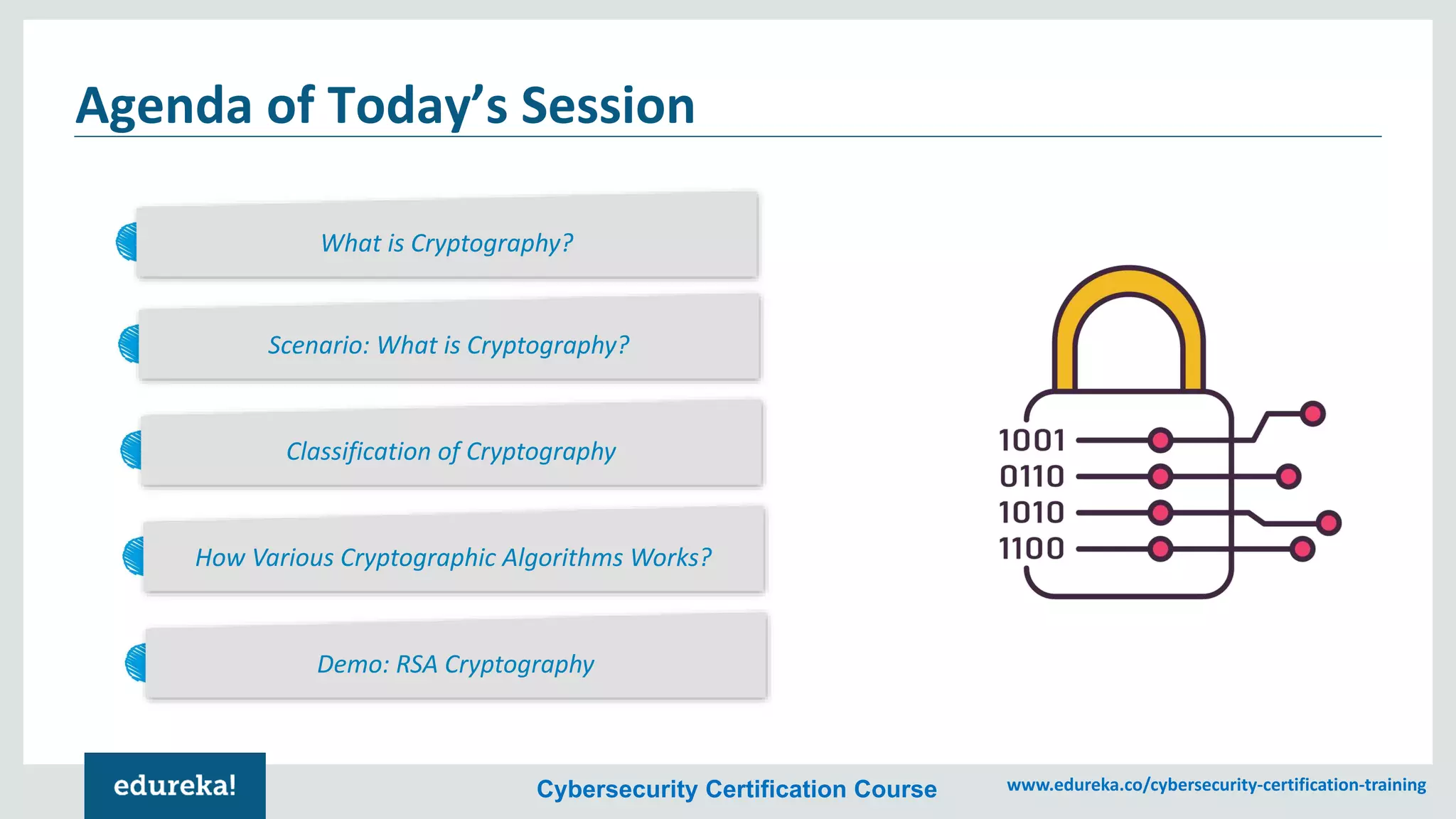 Cybersecurity Certification Course www.edureka.co/cybersecurity-certification-training
What is Cryptography?
Classification of Cryptography
How Various Cryptographic Algorithms Works?
Agenda of Today’s Session
Scenario: What is Cryptography?
Demo: RSA Cryptography
 